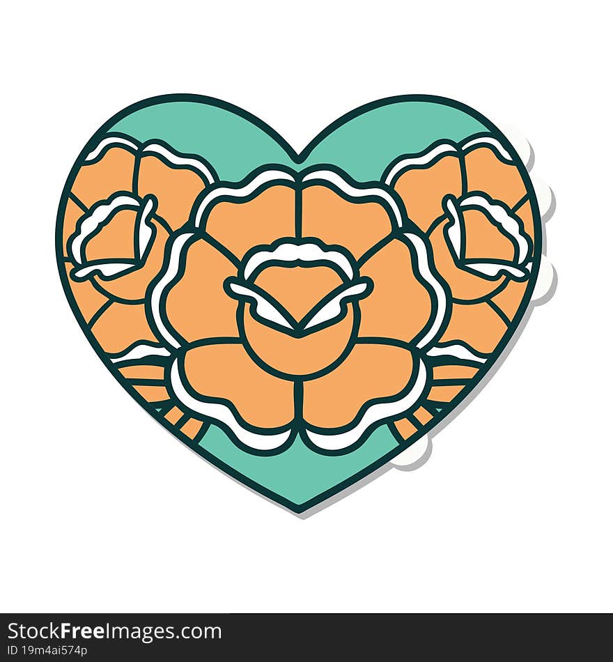 sticker of tattoo in traditional style of a heart and flowers. sticker of tattoo in traditional style of a heart and flowers