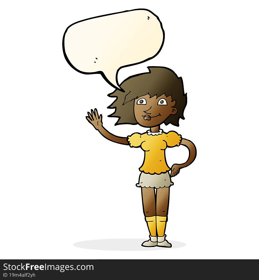 Cartoon Woman Waving With Speech Bubble