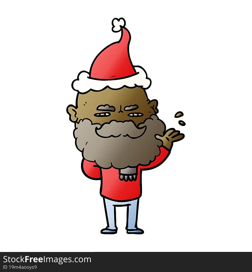 Gradient Cartoon Of A Dismissive Man With Beard Frowning Wearing Santa Hat