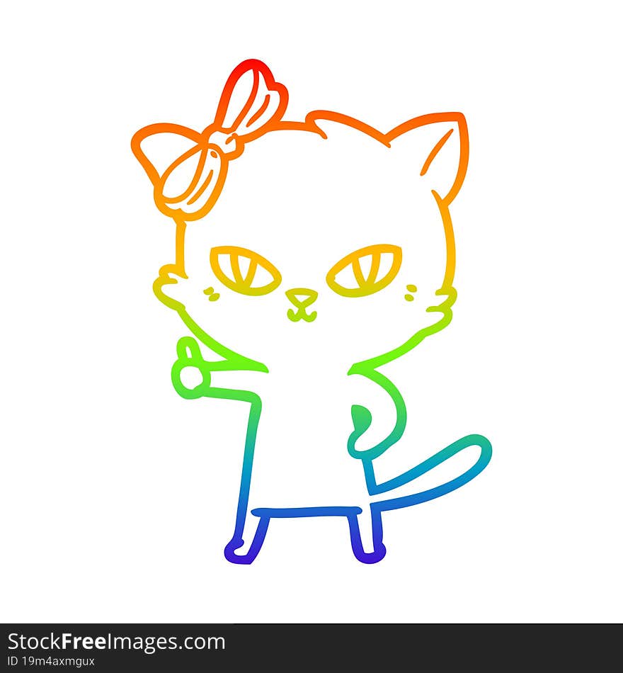 rainbow gradient line drawing of a cute cartoon cat giving thumbs up symbol