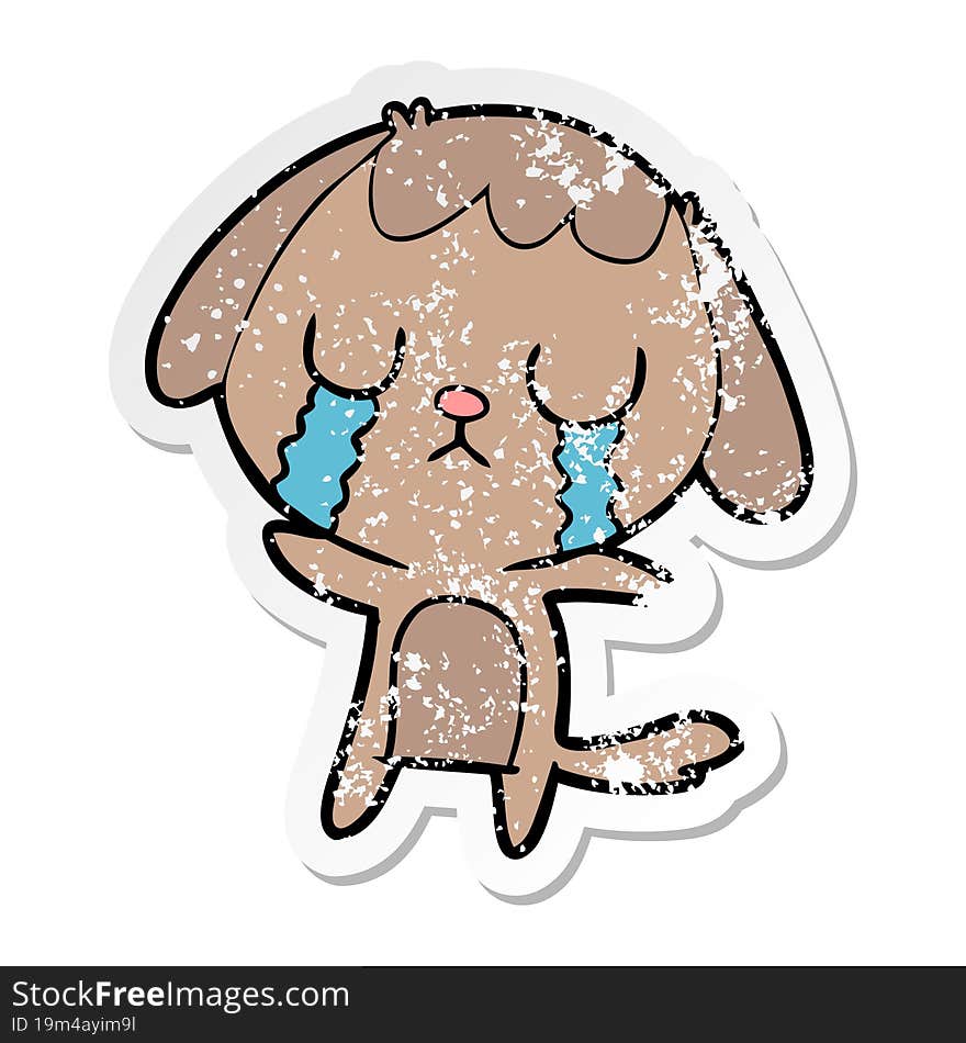 distressed sticker of a cute cartoon dog crying