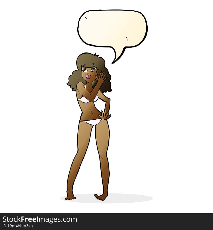 cartoon pretty woman in bikini with speech bubble