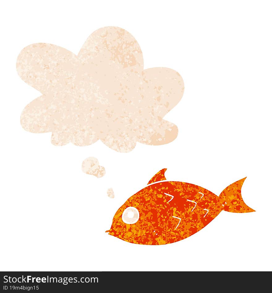 cartoon fish and thought bubble in retro textured style