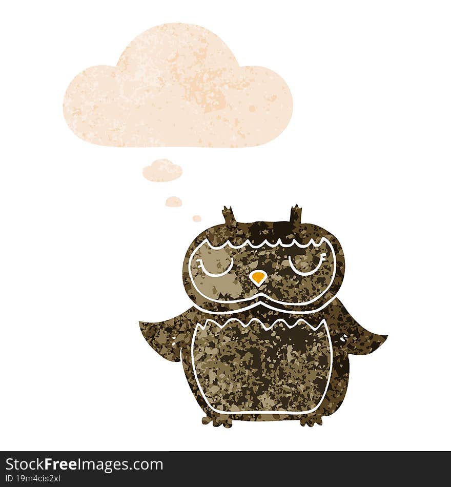 cartoon owl and thought bubble in retro textured style