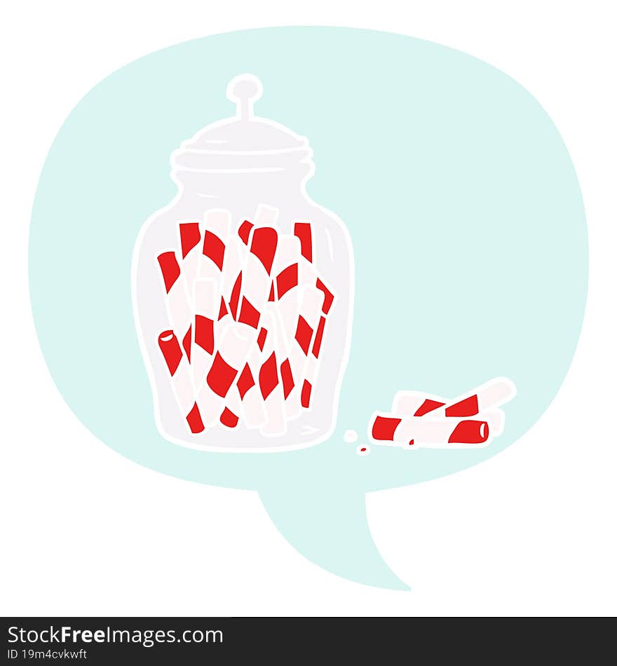 cartoon traditional candy sticks in jar with speech bubble in retro style