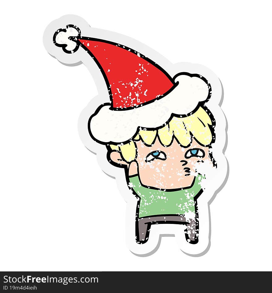 distressed sticker cartoon of a curious man wearing santa hat