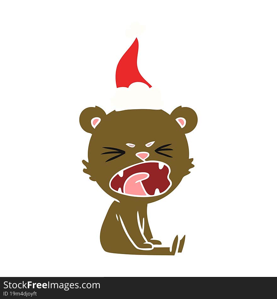 angry flat color illustration of a bear wearing santa hat