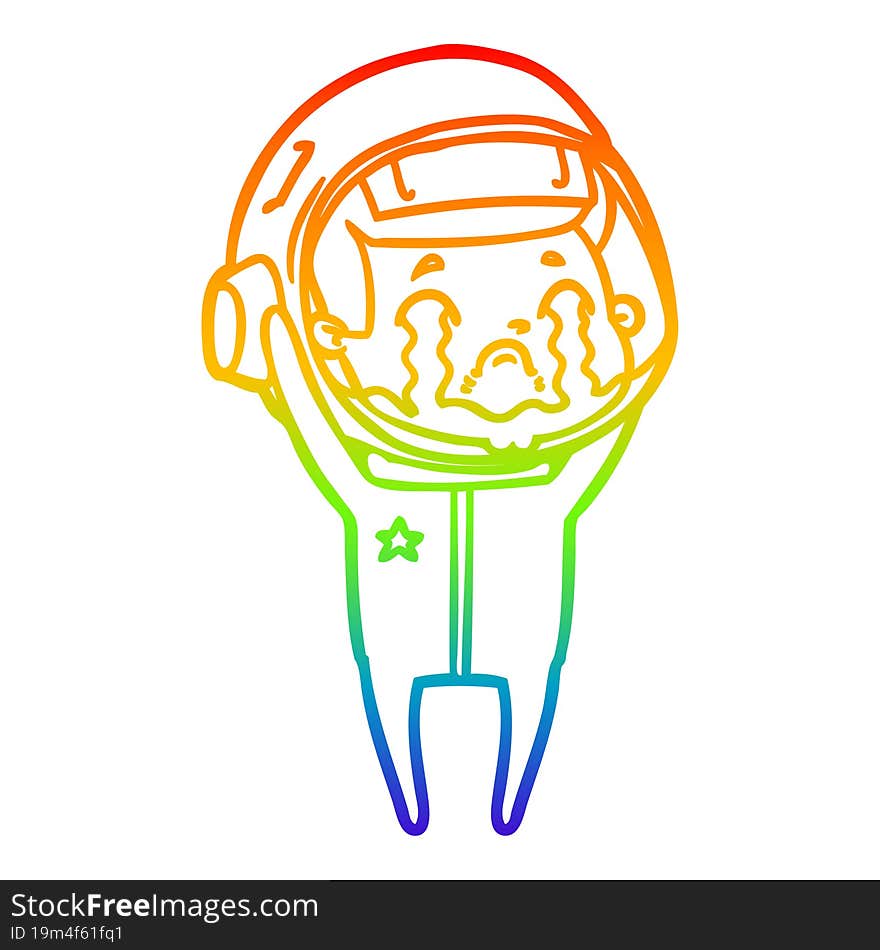 rainbow gradient line drawing of a cartoon crying astronaut