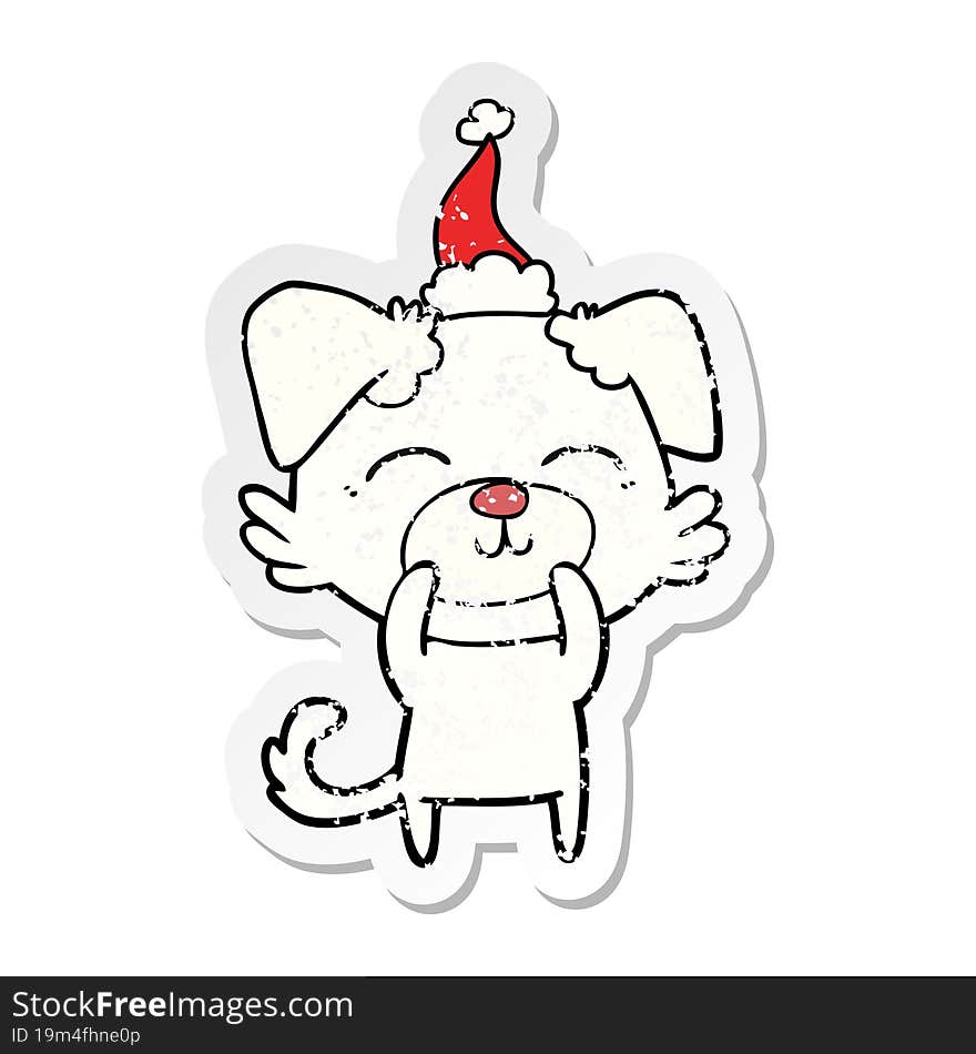 hand drawn distressed sticker cartoon of a dog wearing santa hat