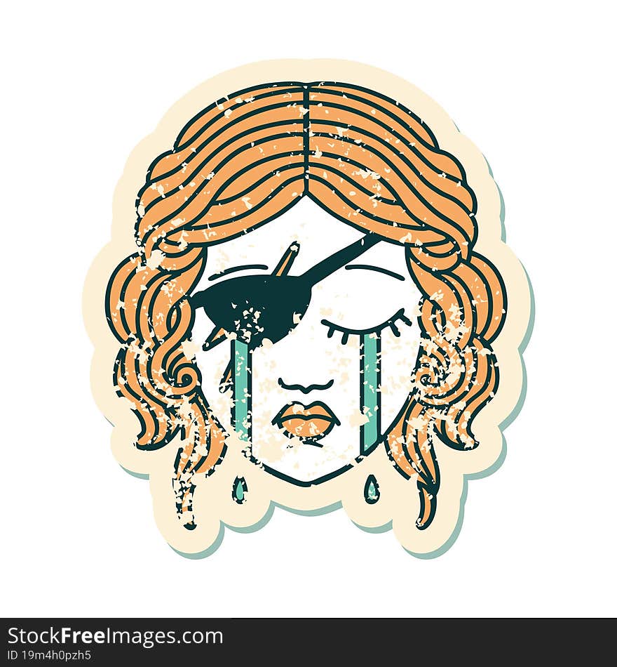 grunge sticker of a crying human rogue character. grunge sticker of a crying human rogue character