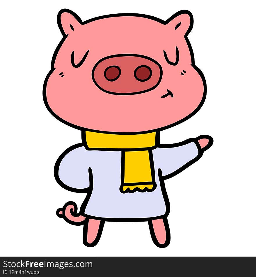 cartoon content pig in winter attire. cartoon content pig in winter attire