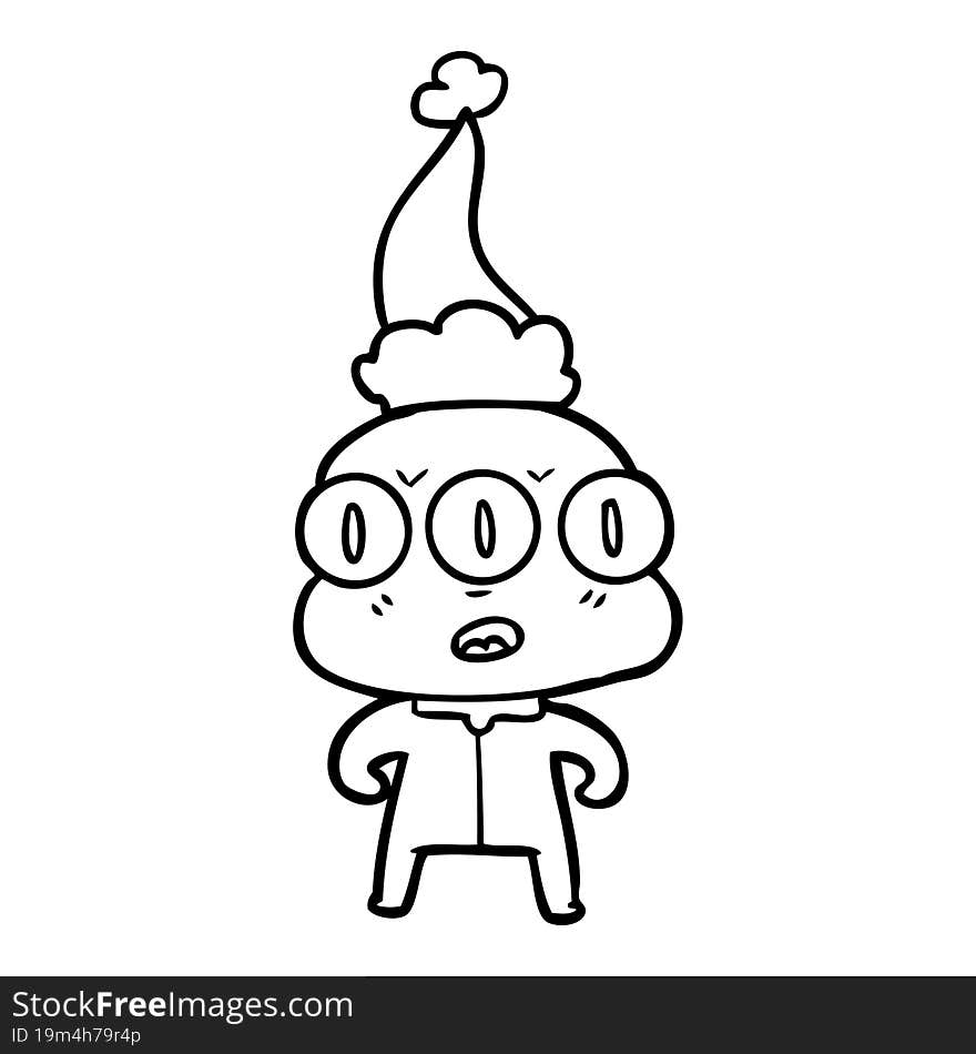 Line Drawing Of A Three Eyed Alien Wearing Santa Hat