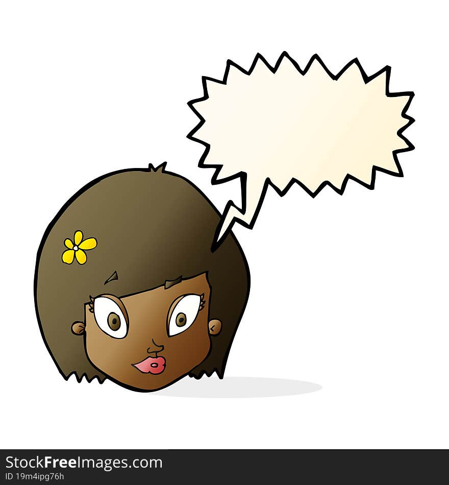 cartoon happy female face with speech bubble