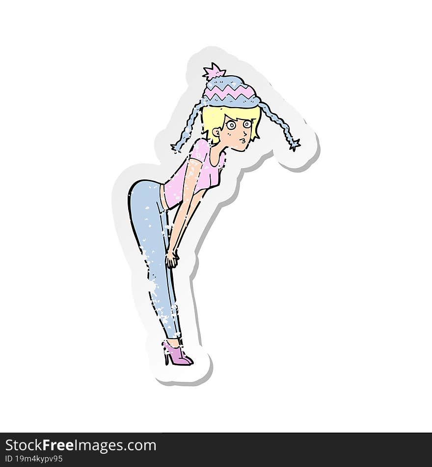 retro distressed sticker of a cartoon woman wearing winter hat