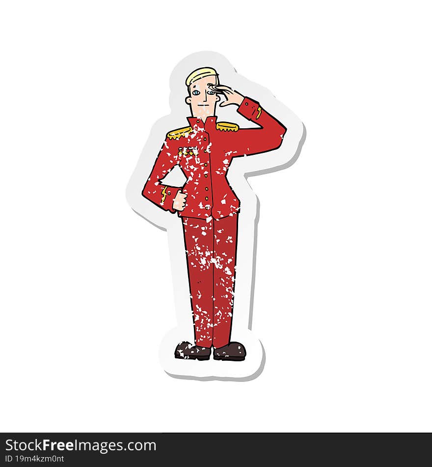 Retro Distressed Sticker Of A Cartoon Military Man In Dress Uniform