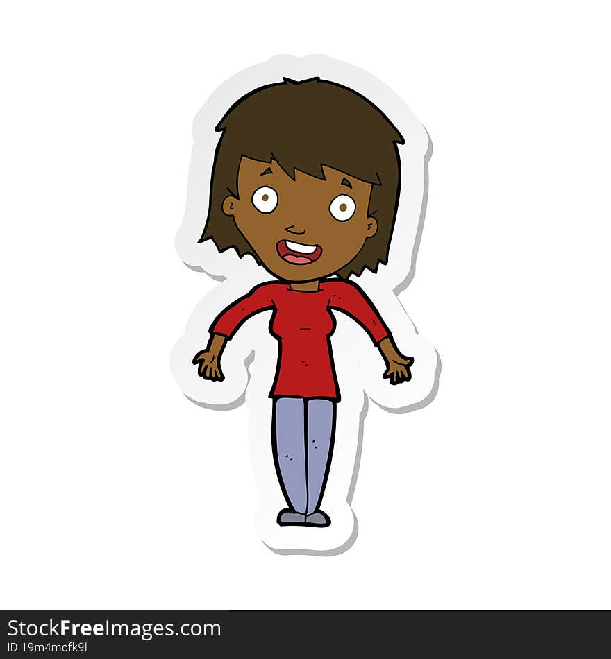 sticker of a cartoon woman shrugging shoulders