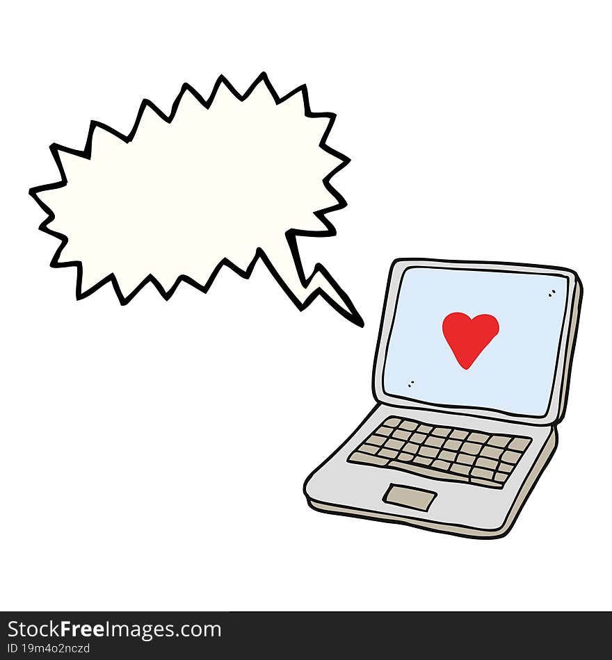 freehand drawn speech bubble cartoon laptop computer with heart symbol on screen