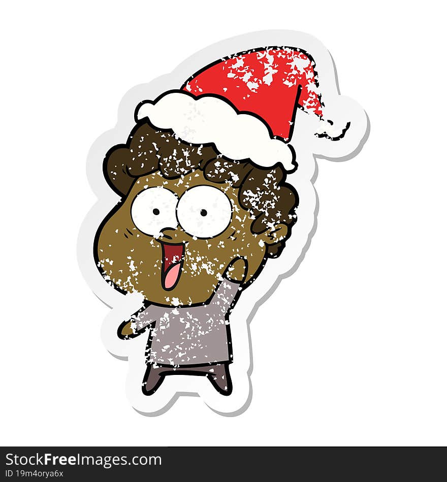 distressed sticker cartoon of a happy man wearing santa hat