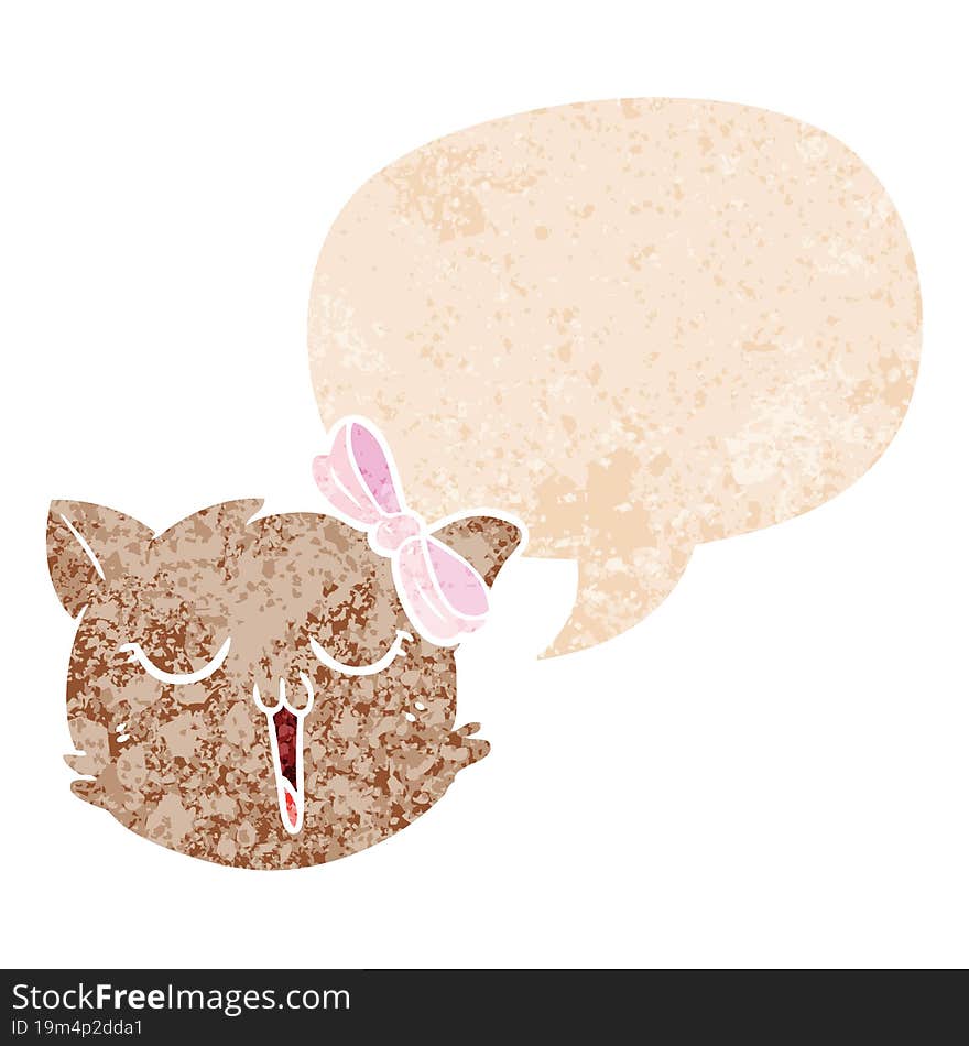 Cartoon Cat Face And Speech Bubble In Retro Textured Style