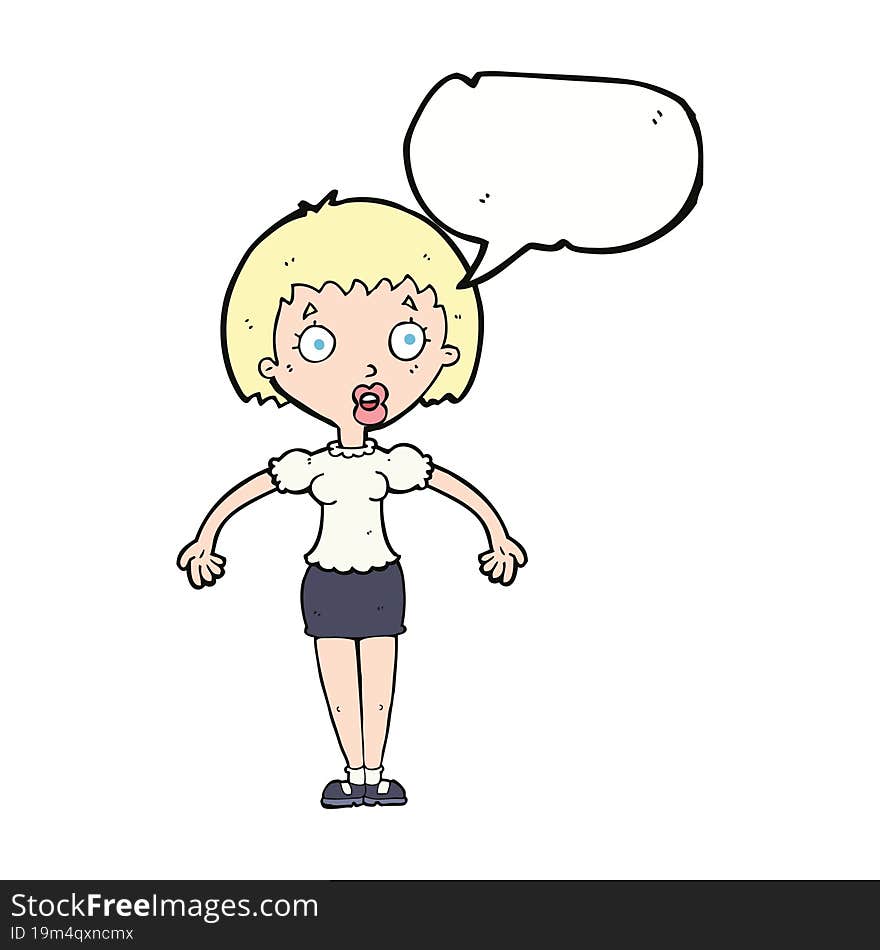 cartoon confused woman shrugging shoulders with speech bubble