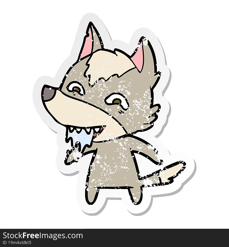 distressed sticker of a cartoon hungry wolf