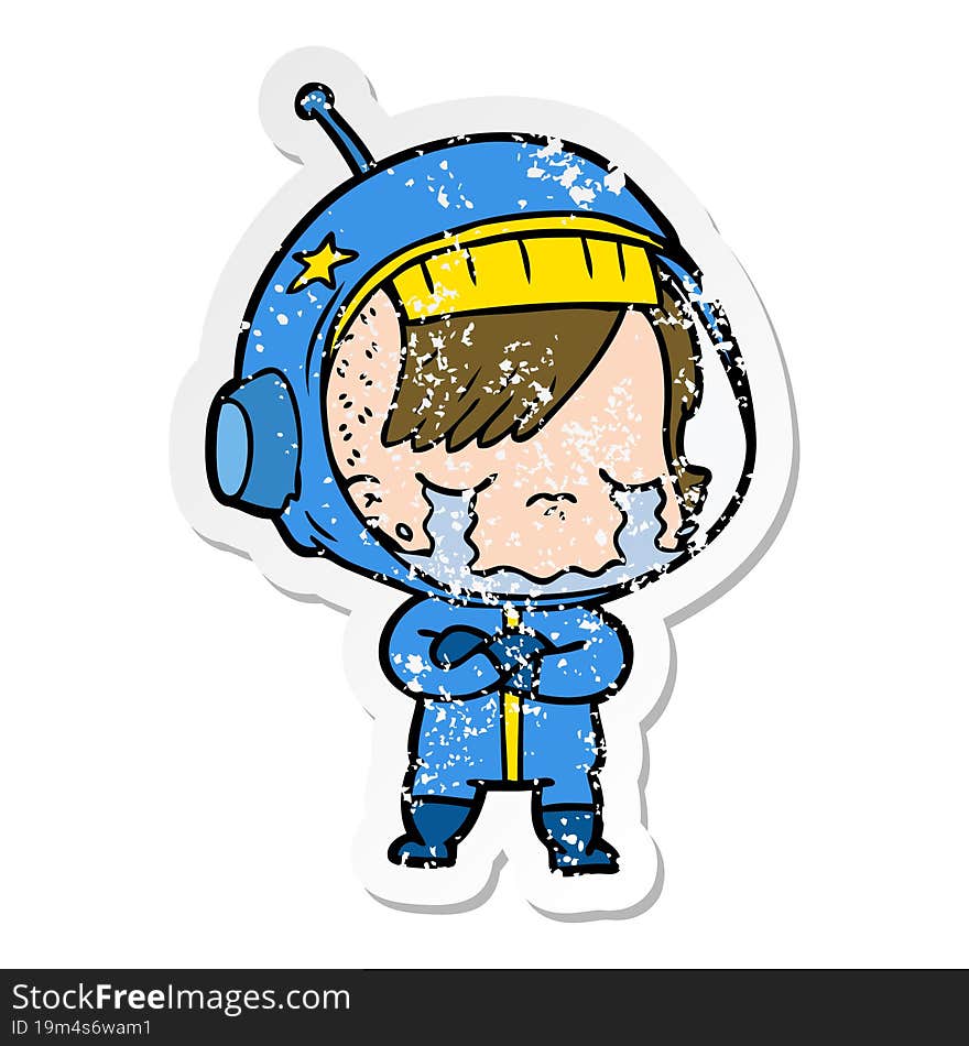 distressed sticker of a cartoon crying astronaut girl