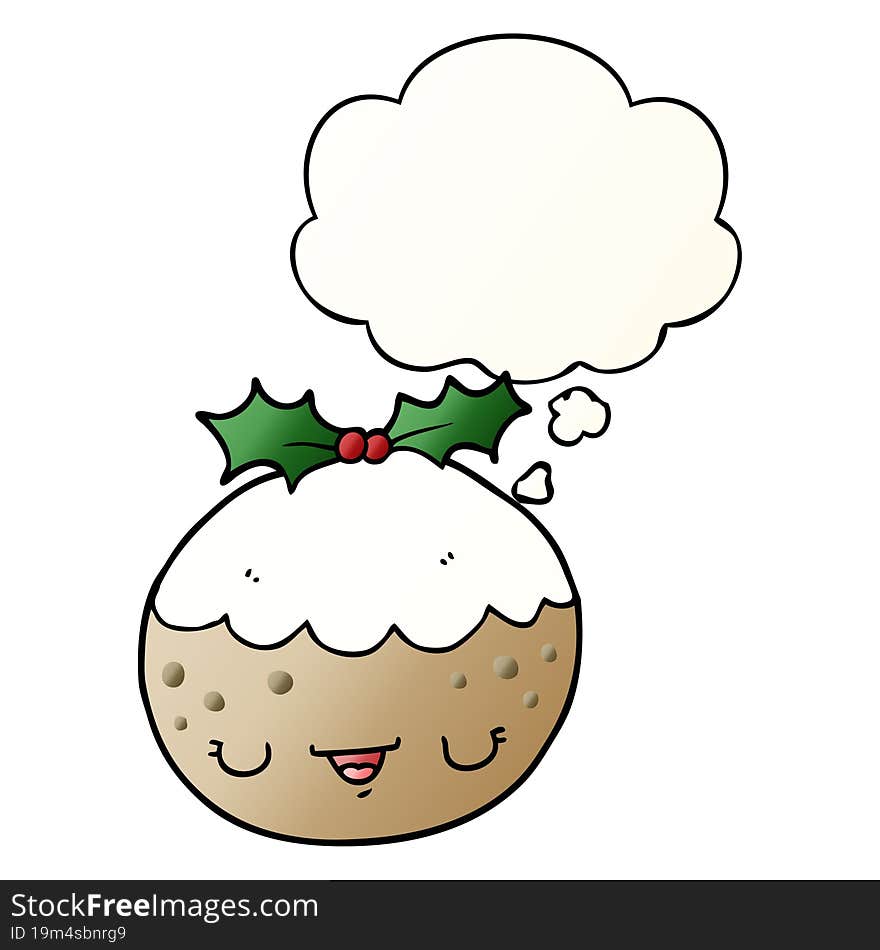 cute cartoon christmas pudding and thought bubble in smooth gradient style