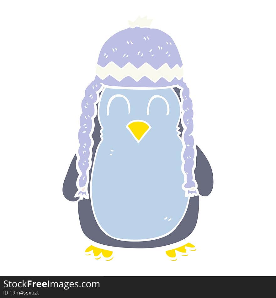 flat color illustration of a cartoon penguin wearing hat