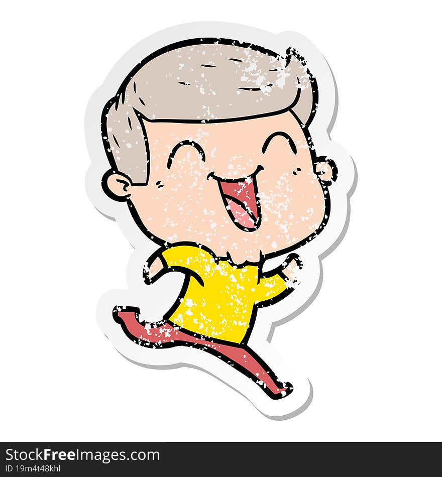 distressed sticker of a cartoon man laughing