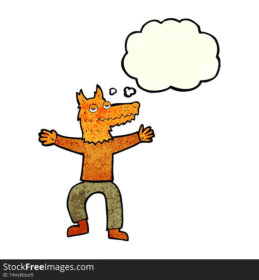 cartoon fox man with thought bubble