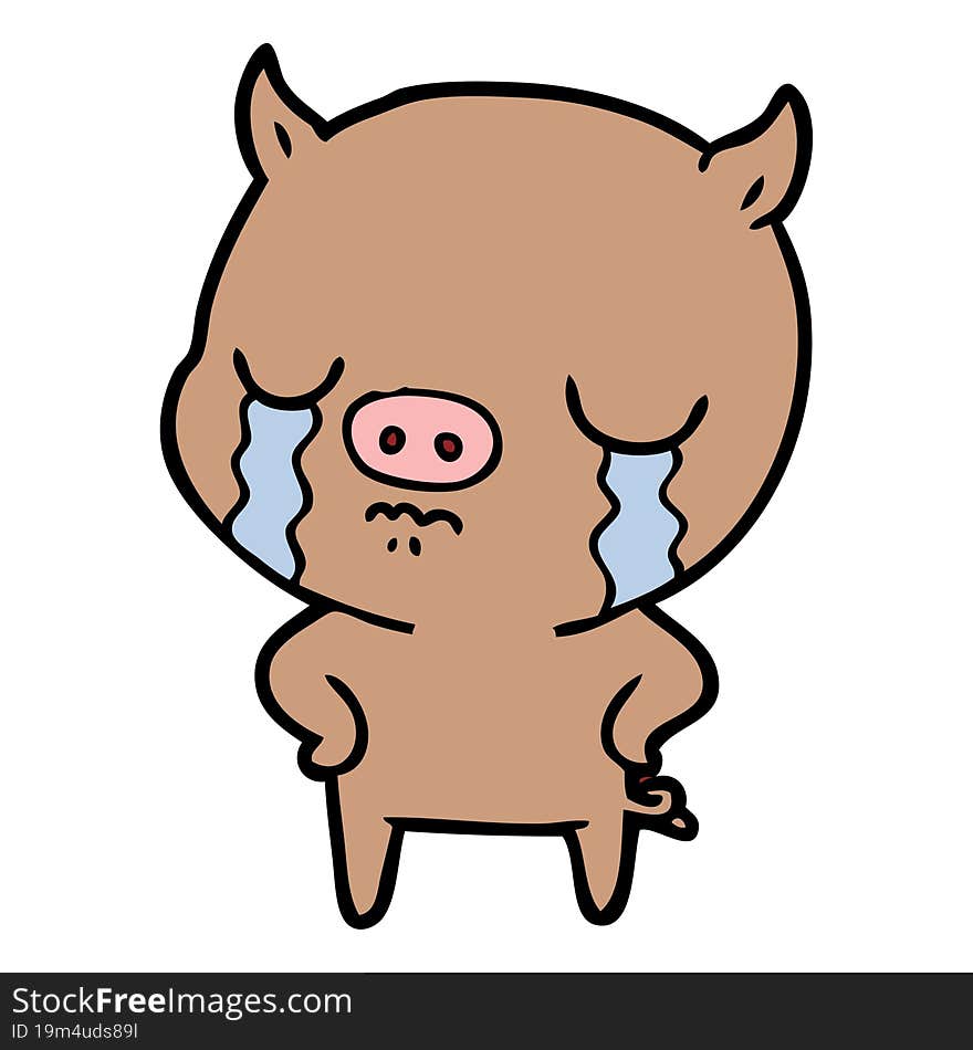 cartoon pig crying with hands on hips. cartoon pig crying with hands on hips