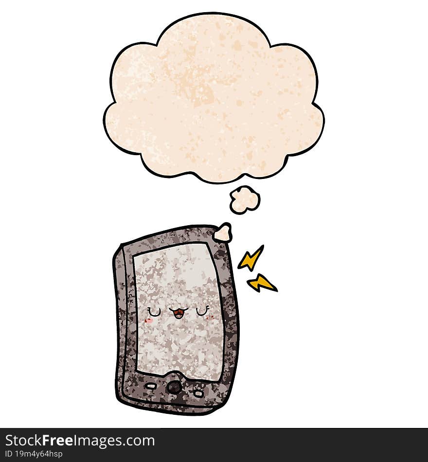 cute cartoon mobile phone with thought bubble in grunge texture style. cute cartoon mobile phone with thought bubble in grunge texture style