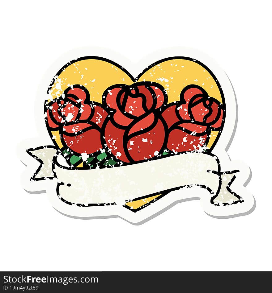 distressed sticker tattoo in traditional style of a heart and banner with flowers. distressed sticker tattoo in traditional style of a heart and banner with flowers