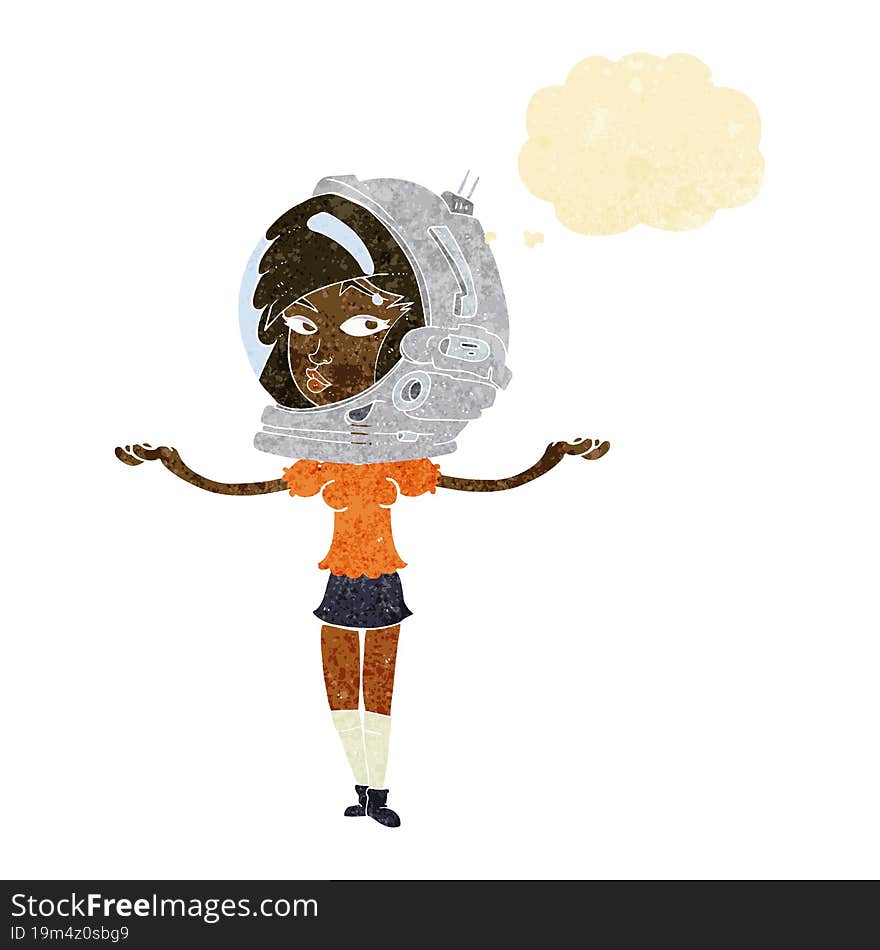 cartoon woman wearing space helmet with thought bubble