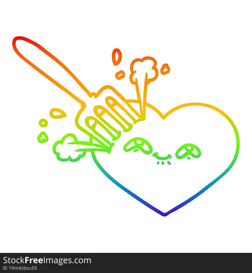 rainbow gradient line drawing of a cartoon love heart stuck with fork