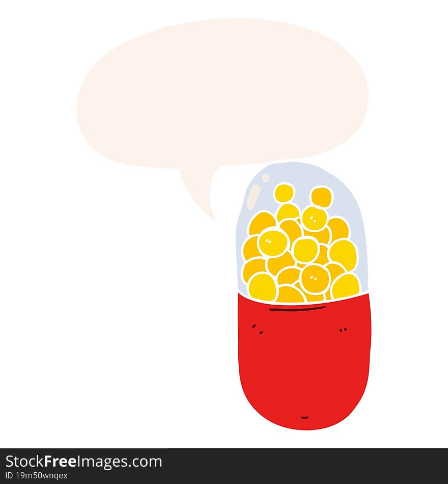 Cartoon Pill And Speech Bubble In Retro Style