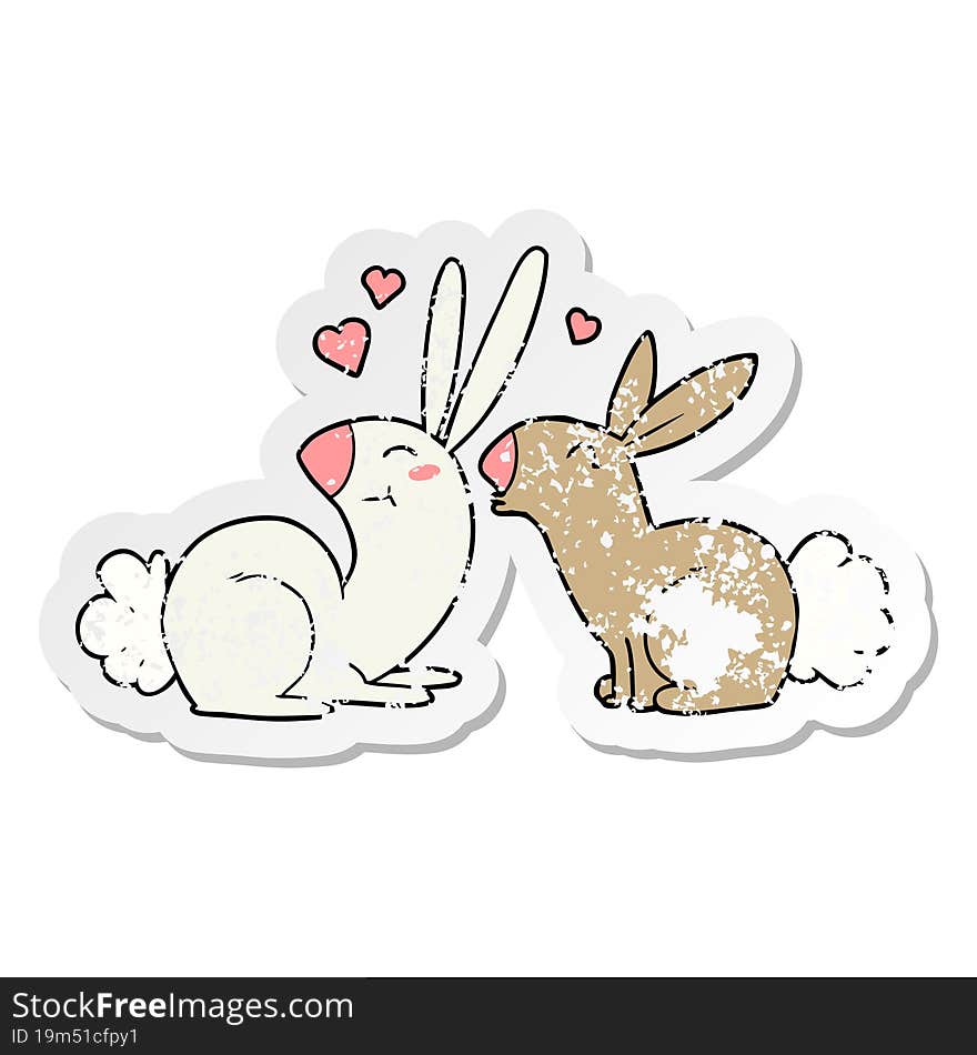 distressed sticker of a cartoon rabbits in love