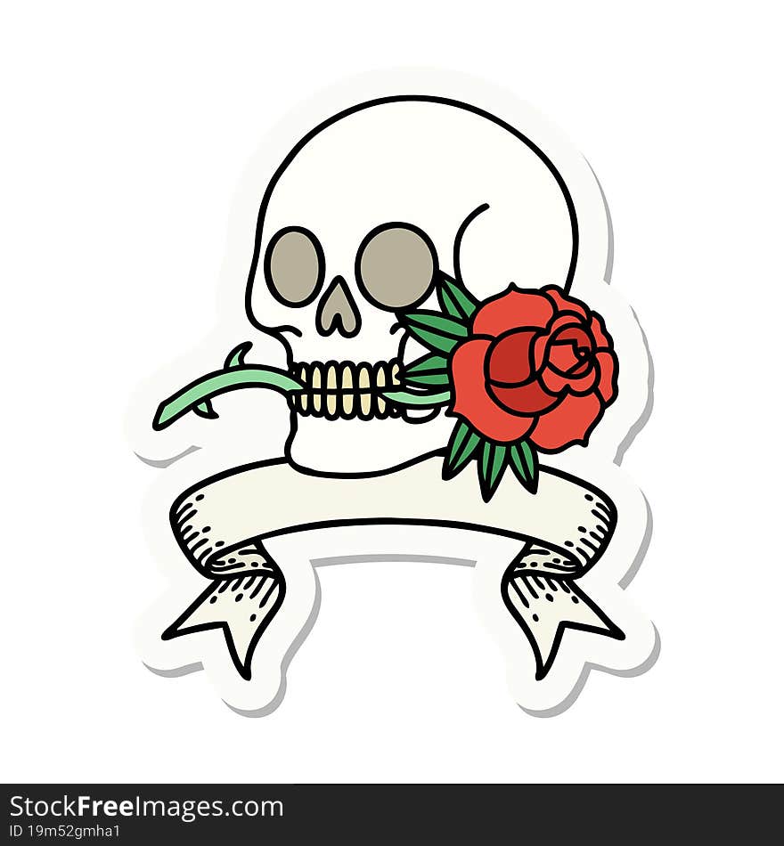 tattoo style sticker with banner of a skull and rose