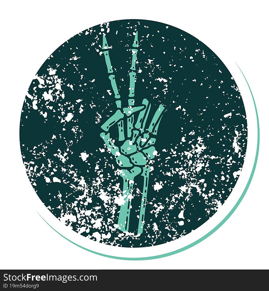 distressed sticker tattoo style icon of a skeleton hand giving a peace sign