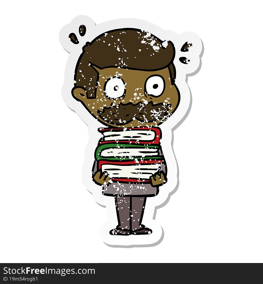 distressed sticker of a cartoon man with mustache and books