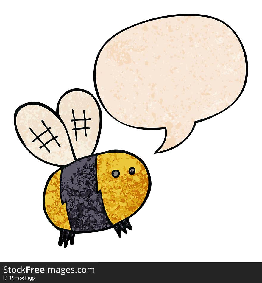 cartoon bee with speech bubble in retro texture style