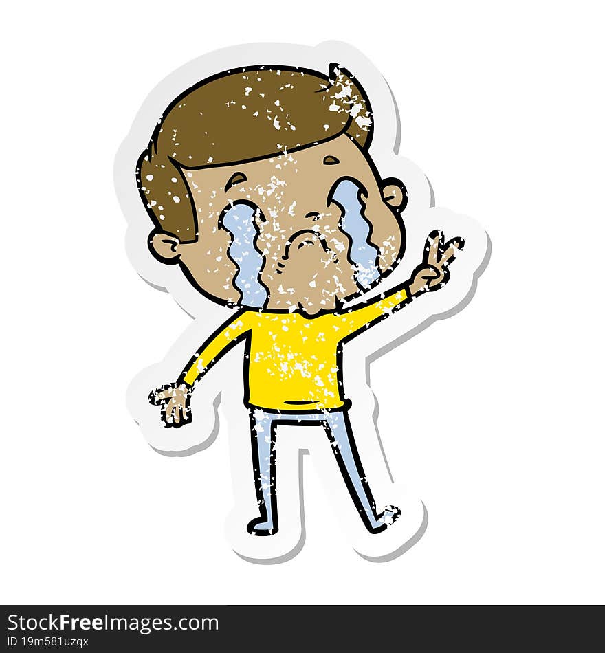 distressed sticker of a cartoon man crying