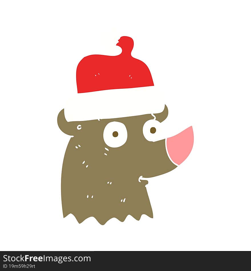 flat color illustration of a cartoon bear wearing christmas hat