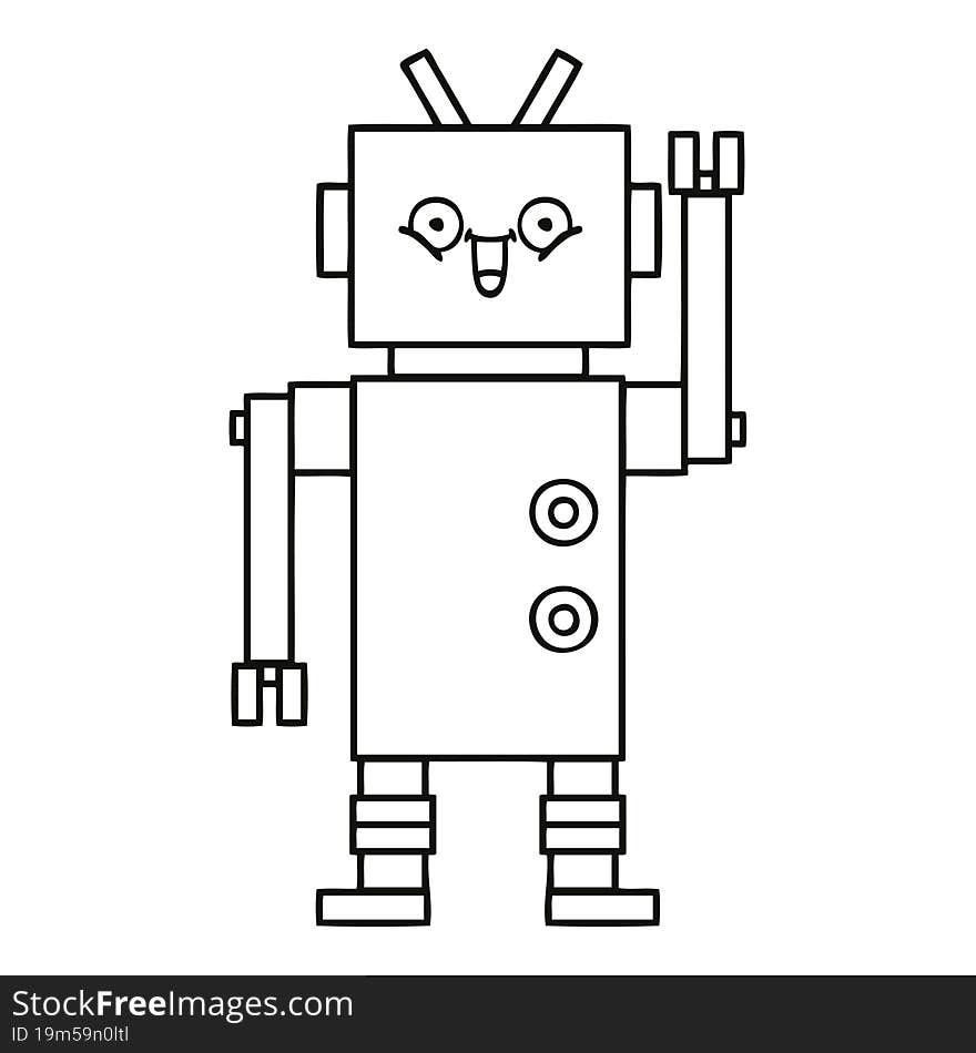 line drawing cartoon of a happy robot