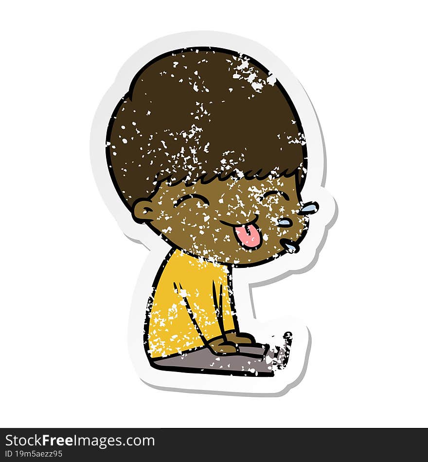 distressed sticker of a cartoon boy sticking out tongue