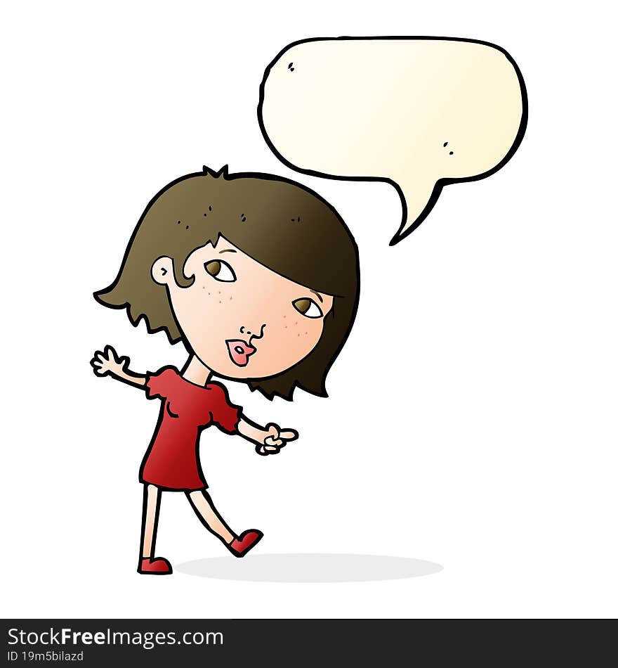 cartoon happy girl gesturing to follow with speech bubble