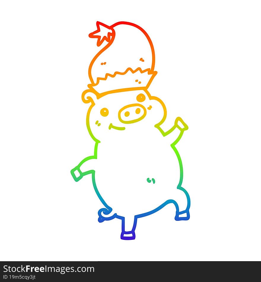 rainbow gradient line drawing of a cartoon happy christmas pig