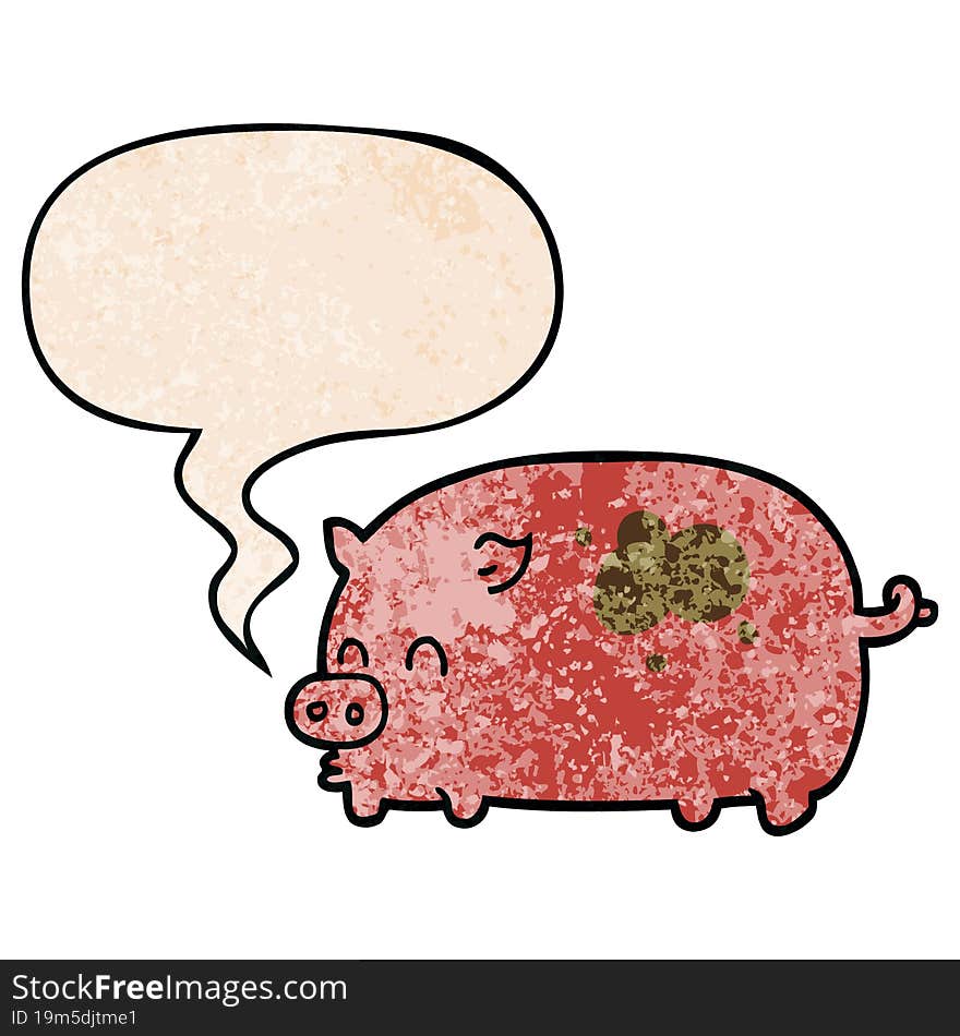 cute cartoon pig and speech bubble in retro texture style