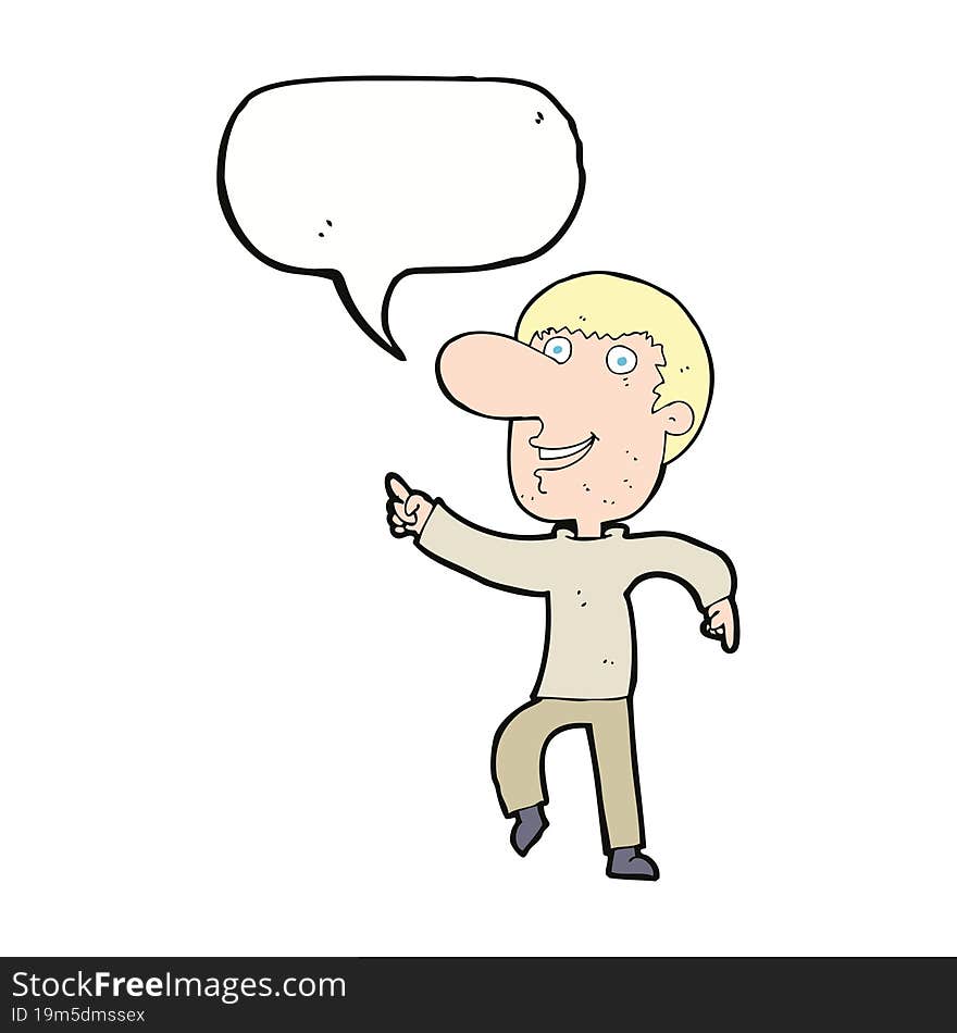 cartoon happy man dancing with speech bubble