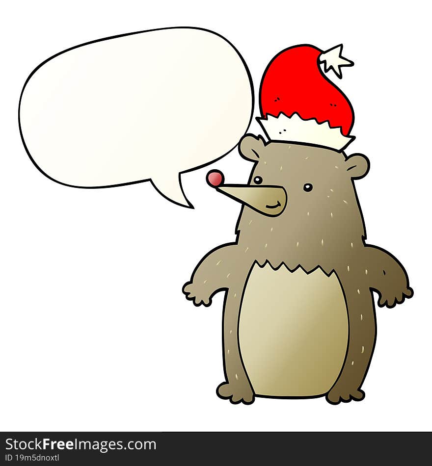 cartoon bear wearing christmas hat and speech bubble in smooth gradient style